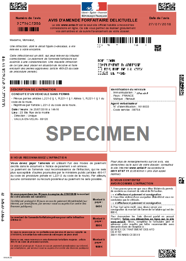 Image recto d'un spécimen d'amende forfaitaire délictuelle pour un délit de conduite sans permis.