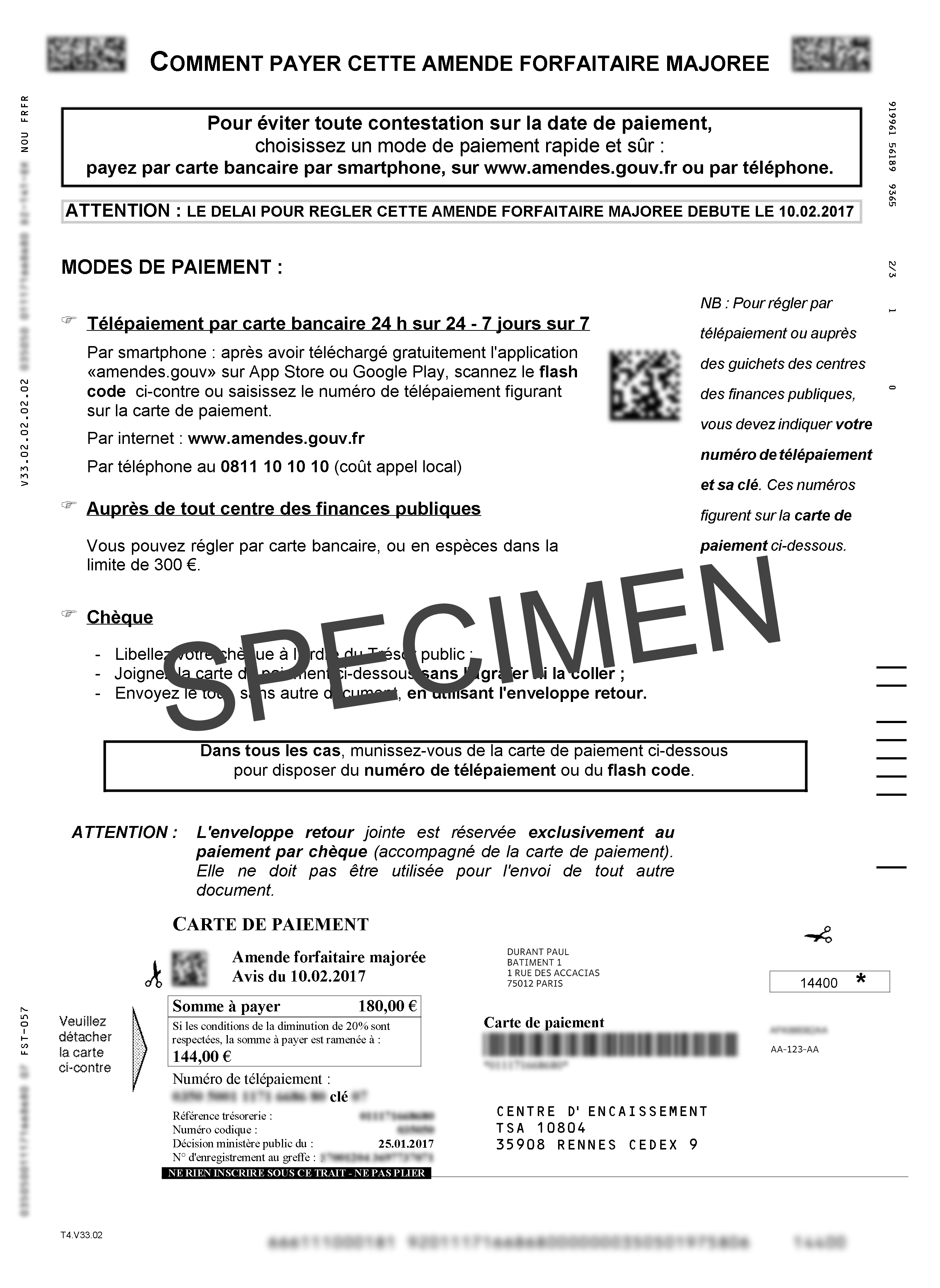 Image verso d'un spécimen d'amende forfaitaire majorée pour une infraction routière.