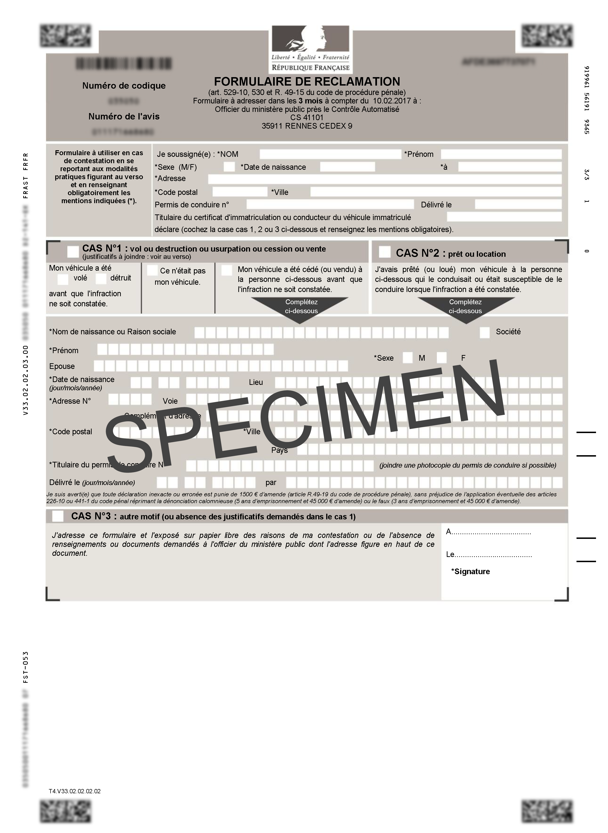 Image recto d'un spécimen de formulaire de réclamation de l'amende forfaitaire majorée précédente.